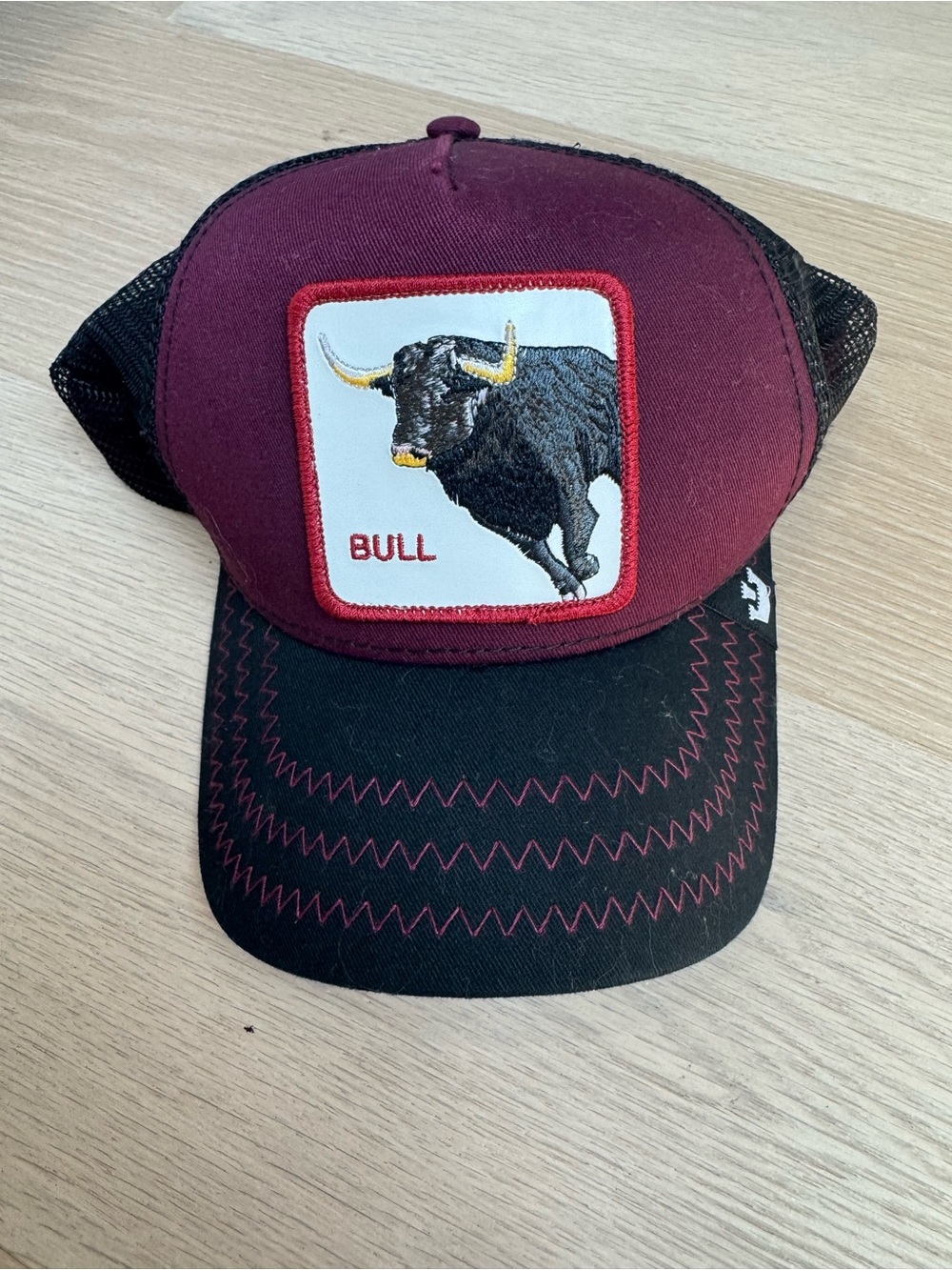 Goorin Bros Maroon and Black Bull Patch Trucker Hat